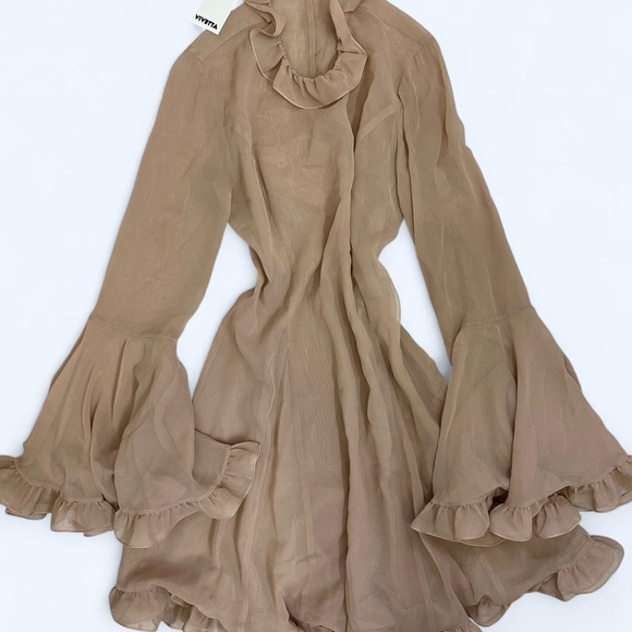 REVOLVE Tan Long Sleeve Ruffle Dress - threedaughtersproperties.com